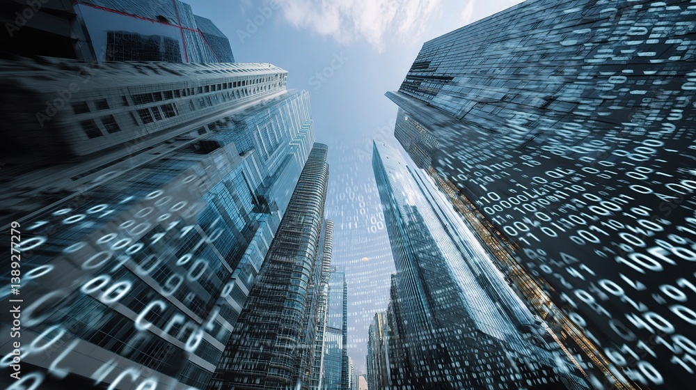 Poster digital transformation visual of modern skyscrapers and data flow