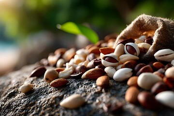 Obraz premium Assorted Nuts Spilled from a Burlap Sack on a Rock Surface