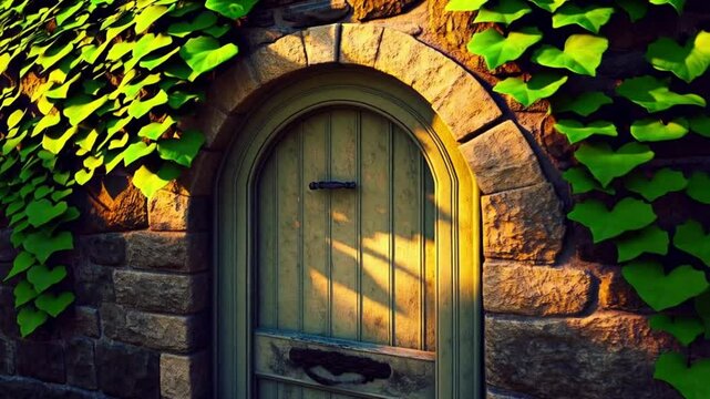 Rustic Wooden Door Surrounded by Ieaves on Stone Wall in Warm Sunlight