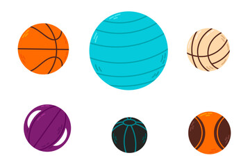 Obraz premium Colorful collection of sports balls including basketball, volleyball, football, and exercise ball