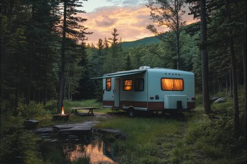 Cozy camper nestled in a serene forest during sunset near a tranquil pond