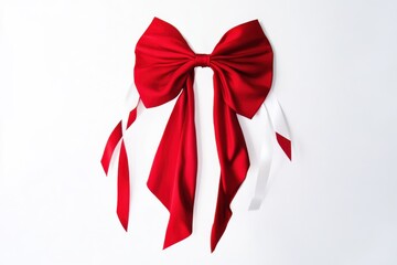 Large red bow with white ribbons laid out on a white background for decoration purposes