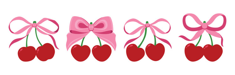 Coquette cherries with gift bow. Vector Illustration of pink girly vintage bows and cherry. Cherries with ribbon. Cute trendy line art set. Ribbons isolated. Trendy girls accessories. Cute hairstyle