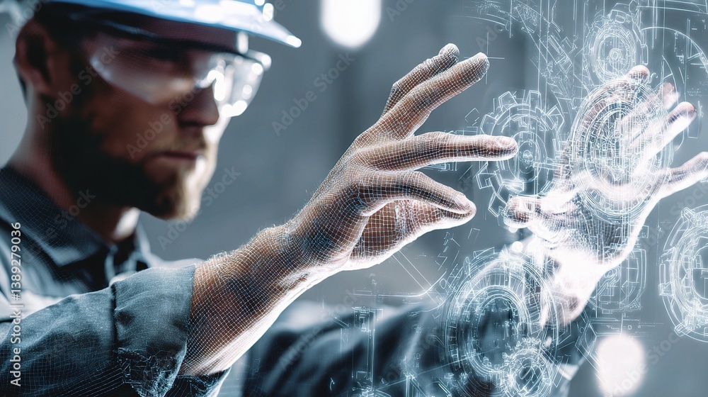 Aufkleber automation concept with double exposure of worker and technology