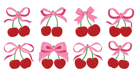 Coquette cherries with gift bow. Vector Illustration of pink girly vintage bows and cherry. Cherries with ribbon. Cute trendy line art set. Ribbons isolated. Trendy girls accessories. Cute hairstyle