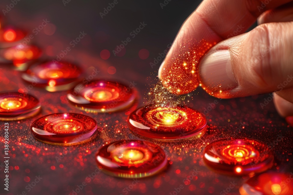 Poster hand placing sparkles on glowing red circular objects.