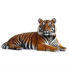 Obraz premium A majestic tiger lying down with striking orange and black stripes gazes directly at the viewer against a plain white background.
