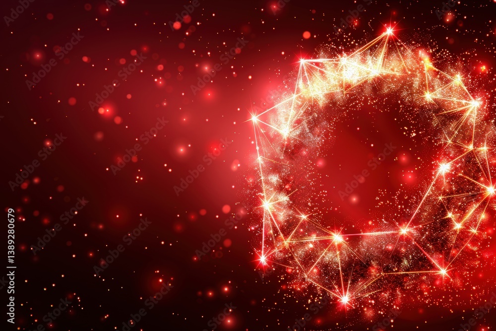 Poster abstract red background with sparkling geometric shapes and lights.