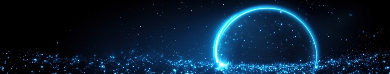 Luminous Blue Neon Dots Forming Circular Pattern: Abstract Marketing Background with Glowing Ring and Planetary Outline. Futuristic Design Element for Posters, Banners, and Digital Media.