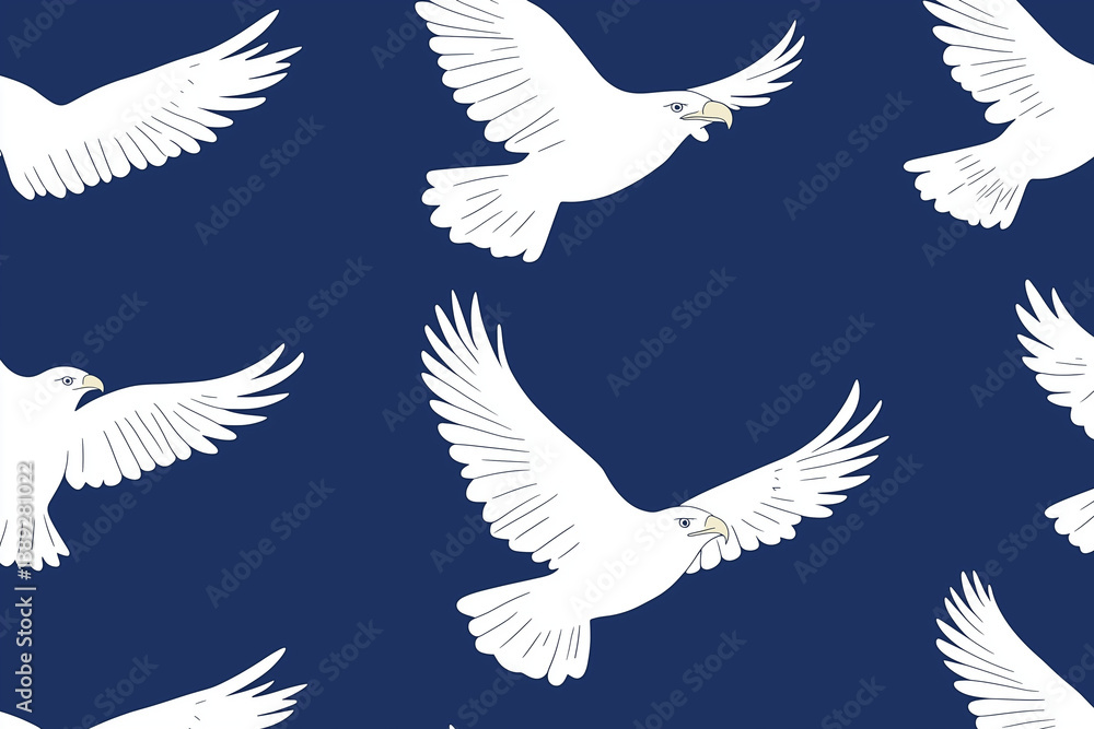 Poster seamless repeating pattern of white birds with wings spread against dark blue background, creating d