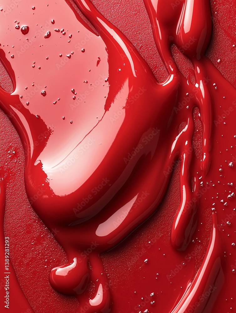 Poster glossy red syrup flowing on smooth surface, creating vibrant and enticing visual. rich color and tex
