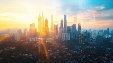 Obraz premium Futuristic Cityscape at Sunrise with Digital Overlays and Vivid Colors