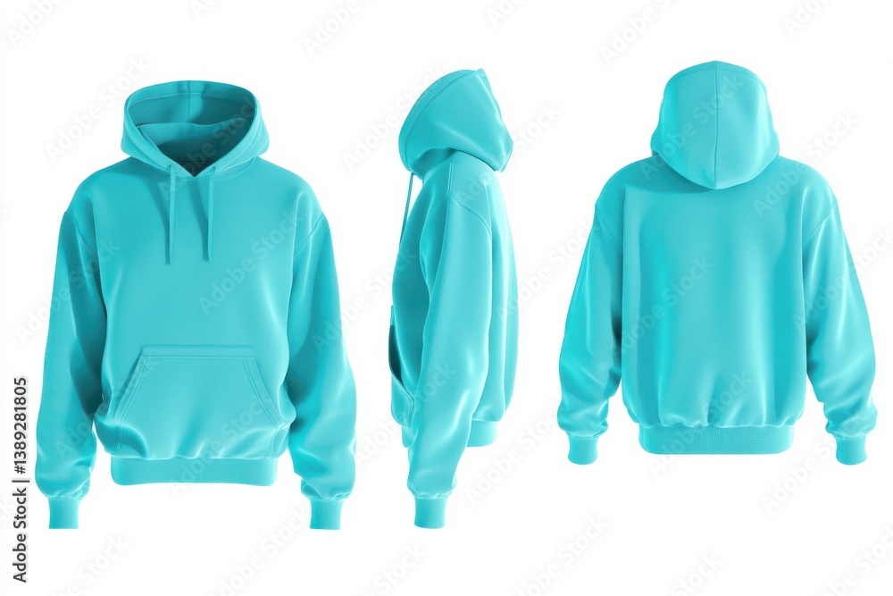 Poster bright turquoise hoodie displayed from multiple angles showing its casual design and comfort for eve
