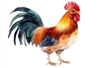 Fototapeta premium A colorful watercolor illustration of a proud farm rooster