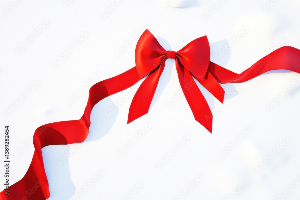 Poster red ribbon bow placed on a snowy surface with gentle lighting creating a festive atmosphere