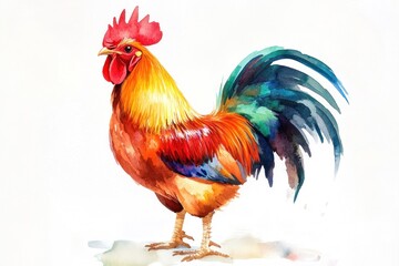 Fototapeta premium A Vibrant Watercolor Painting of a Colorful Rooster Standing Proudly