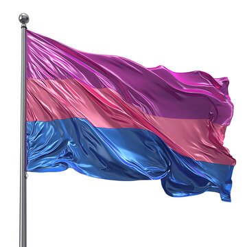 A vibrant bi pride flag featuring pink purple and blue horizontal stripes waves freely against a white background.