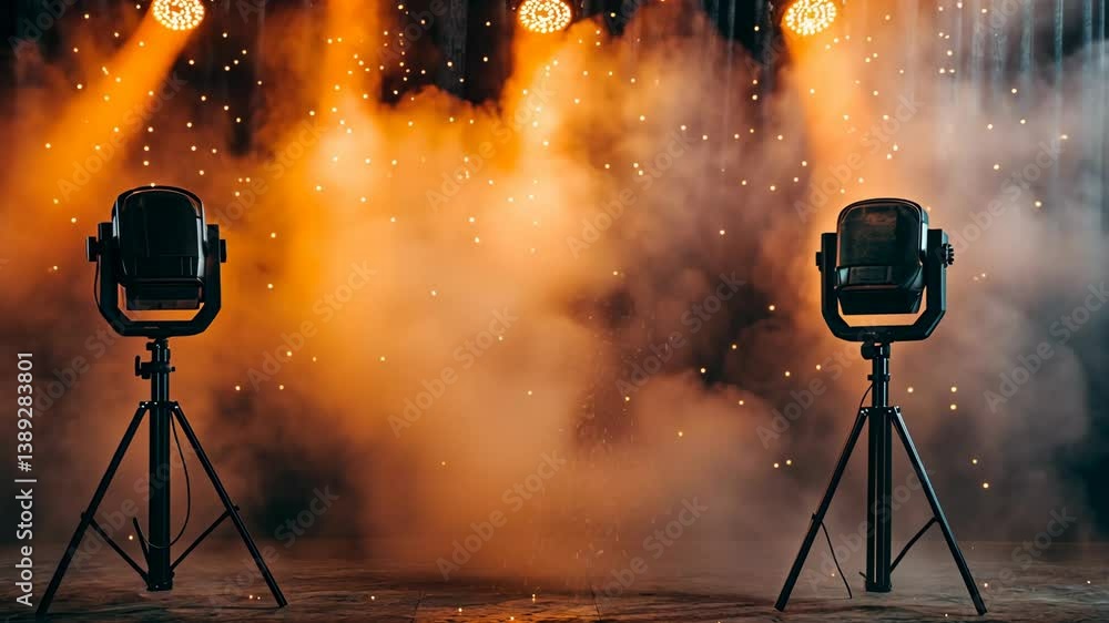 Poster stage lighting setup with spotlights on tripods and atmospheric smoke creating a dynamic visual effe