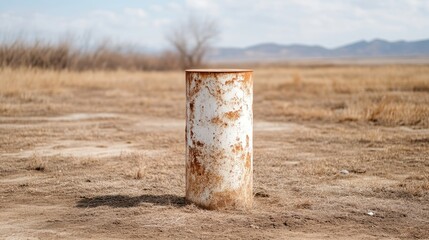 Naklejka premium Rusty metal cylinder on dry land