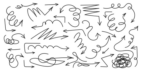 Curved and swirl tangled black arrows. Hand draw black line arrows set. Organic direction pointer icons. Brush arrows set