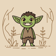 Cute Green Goblin Character with Fangs Standing in Minimalist Nature Environment