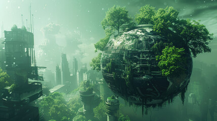 Obraz premium A green planet with a tree growing out of it