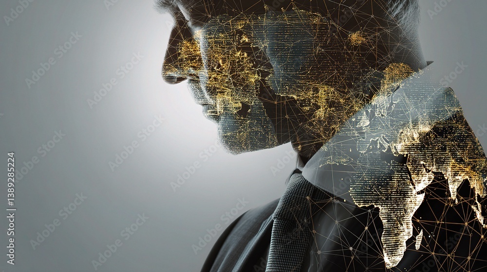 Poster concept of global finance with double exposure effect in profile