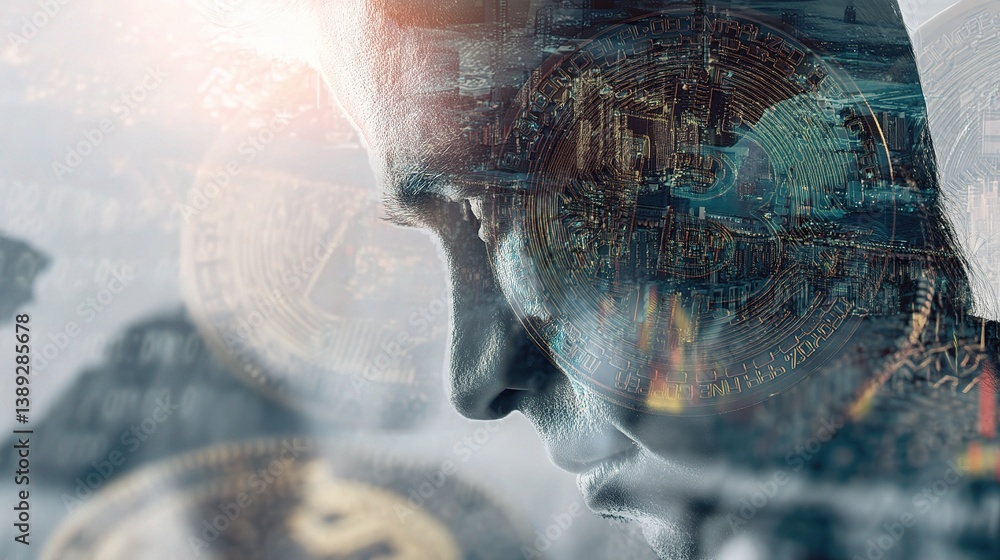Poster abstract view of cryptocurrency exchange with blended elements