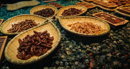 Chengdu, Sichuan, China. Insects on sticks at local Chinese market, close-up view. Various cooked...