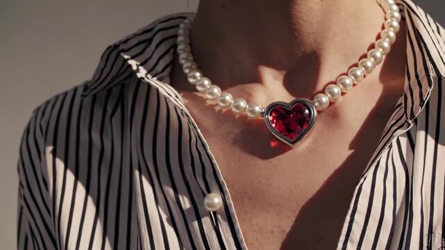 refined close-up of a pearl necklace resting on a woman&rsquo;s collarbone, featuring a striking deep red heart-shaped pendant encased in silver.  
