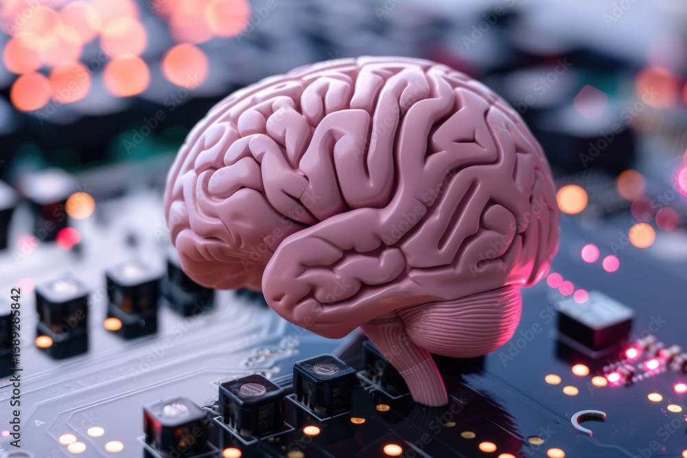 Poster 3d brain model on a circuit board with blurred lights in the background.