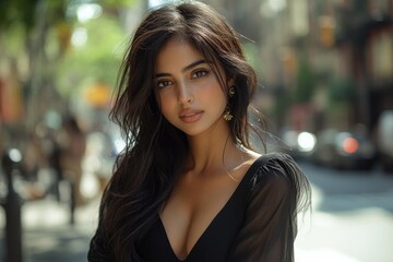 Obraz premium Young Indian Woman in Black Dress Posing Confidently in the City
