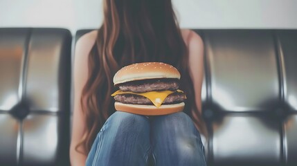 Woman Holding a Large Double Cheeseburger in Front of Her