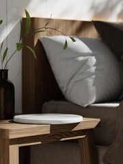 3d product stand in modern bedroom with stylish furniture in a cozy home setting.