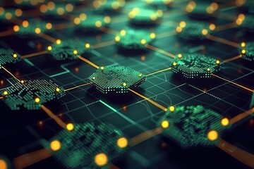Abstract digital network with glowing nodes and interconnected structures.