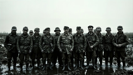 Obraz premium World War I soldiers. Group of soldiers standing in formation in muddy battlefield conditions wearing military uniforms and caps.