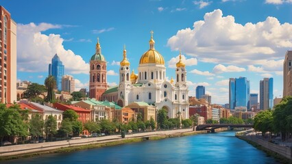 Naklejka premium View of the Church on Blood and the Church of Christ's Ascension from the Yekaterinburg City Pond, Russia