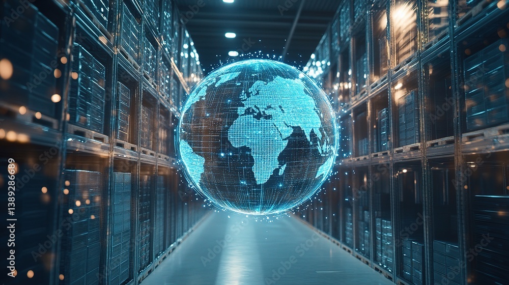 Poster digital globe in server room with double exposure effect