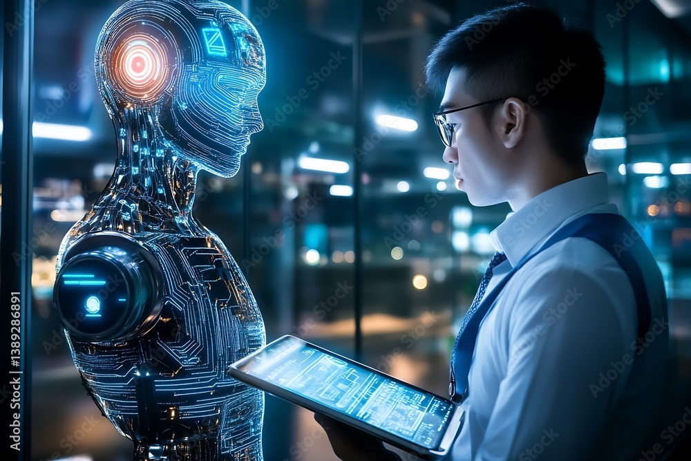 Poster Futuristic Interaction with a Humanoid Robot Showcasing Advanced Technology and Human Connection : Generative AI