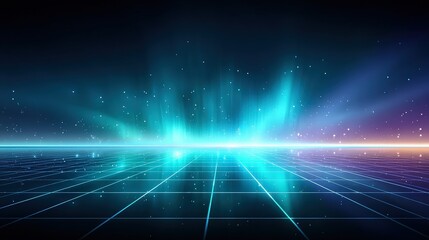A vibrant digital landscape featuring a glowing horizon, grid lines, and ethereal light effects, evoking a futuristic and cosmic atmosphere.