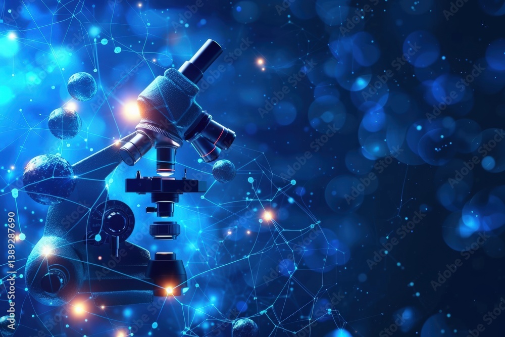 Poster microscope surrounded by a blue abstract design and particles.