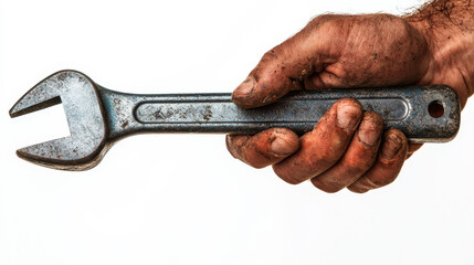Dirty Hand Holding Rusty Wrench Against White Background