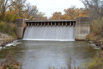 Obraz premium The concrete dam releases water creating a waterfall over the river