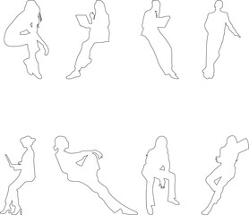 Linear silhouettes of seated people, designed for use in architectural plans, sections, and layouts.	
