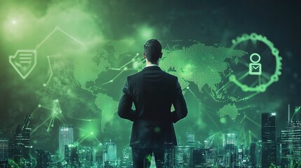 Obraz premium Businessman Embracing Future with Double Exposure in Green Cityscape
