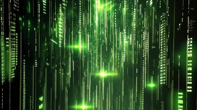 Futuristic digital rain, abstract green data stream in cyberspace with falling light beams and binary code, high tech backdrop