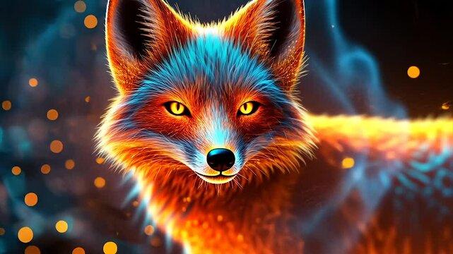 Fiery fox portrait, glowing fur, digital art