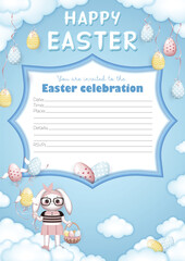 Customizable Easter invitation card with Easter celebration lettering, bunny girl in glasses with a basket of Easter eggs on a blue background with clouds and Easter eggs tied with ribbons