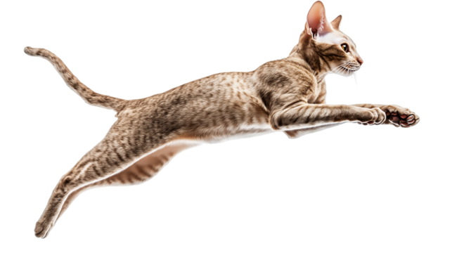 Devon Rex cat leaps gracefully in a dynamic side view showcasing agility and playful spirit