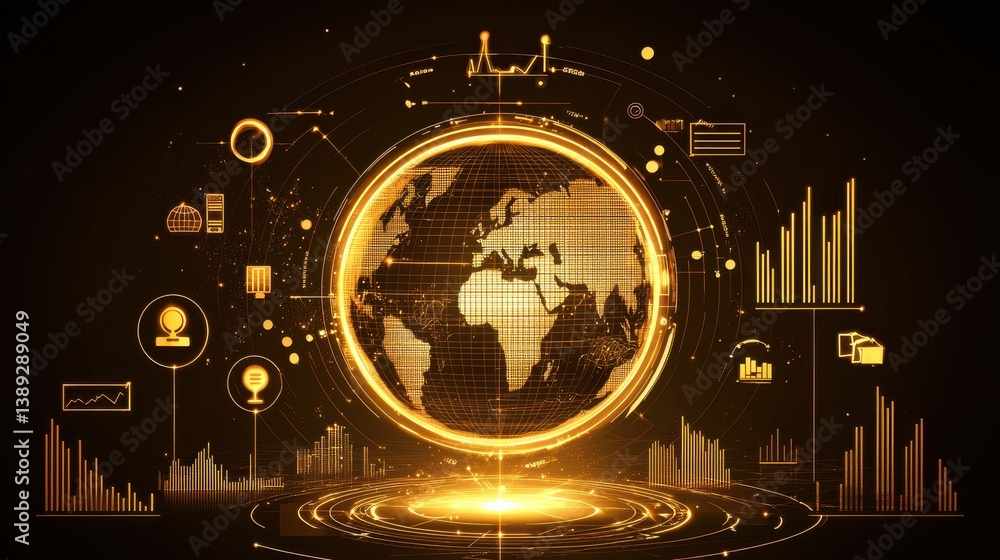 Aufkleber golden glowing digital earth with data visualization and graphs